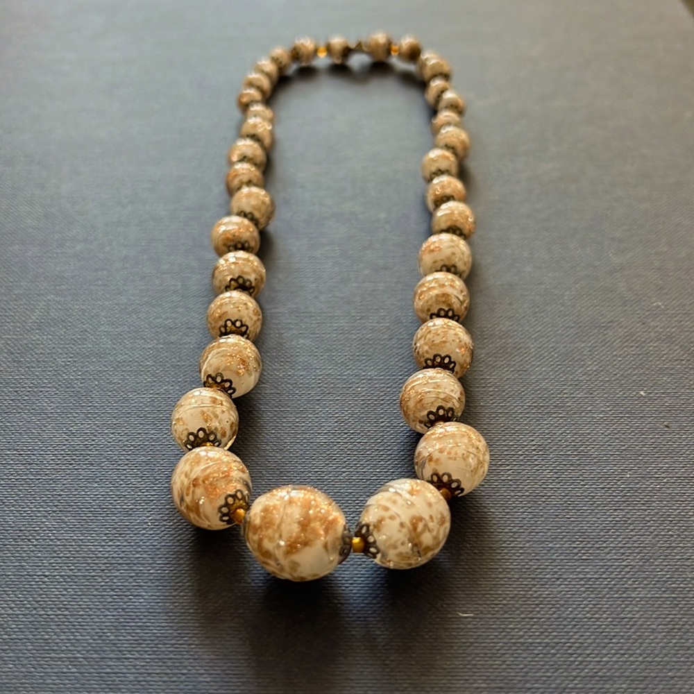 Murano Venetian white glass beads with copper/gold flecks